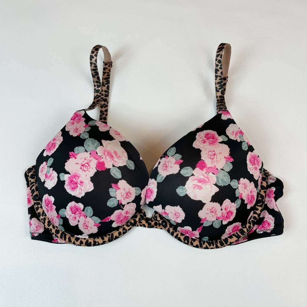 NWOT Victoria's Secret Bra 34C Push-Up Black Floral Leopard